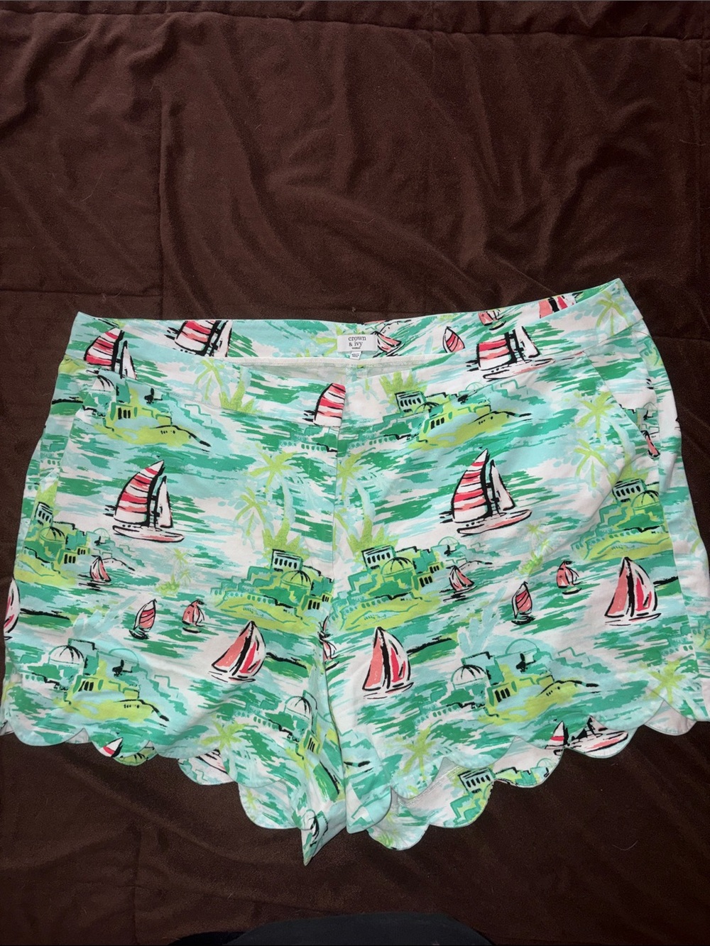 crown & ivy Sailboat Print Scallop Hem Shorts - Aqua, Pink & Green